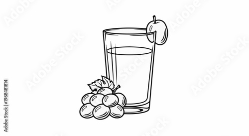 A glass of fruit juice decorated with a slice and a bunch of grapes