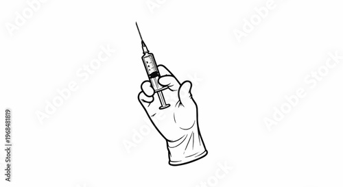 A gloved hand holds a syringe with liquid