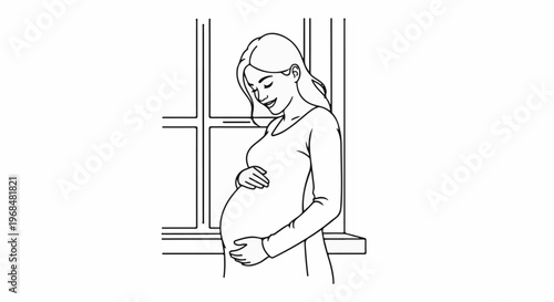 A pregnant woman stands near a window, cradling her belly with both hands