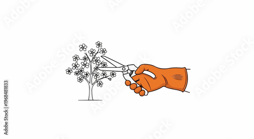 A gloved hand uses pruning shears to trim a small flowering tree