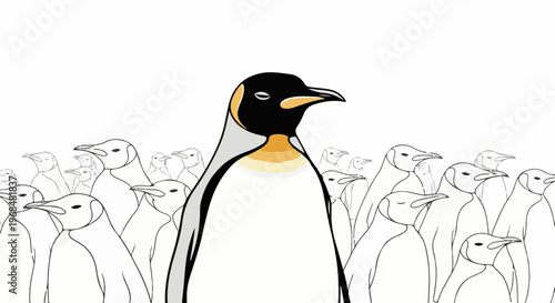 A prominent, colored penguin stands before a crowd of sketched, grey penguins