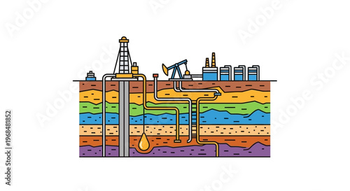 Illustration depicting the extraction of oil and gas from underground layers and industrial infrastructure