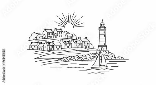 A quaint seaside village with a lighthouse overlooks a sailboat at sea under a radiant sun