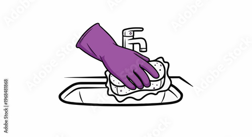 A purple gloved hand holds a sponge under a faucet in a sink
