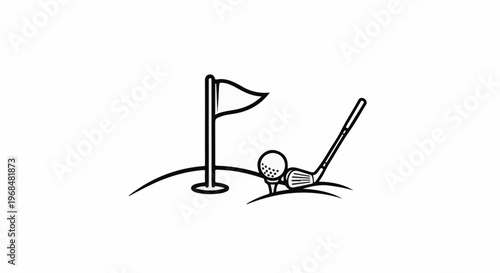 A golf club is poised to strike a ball on a tee next to a flag on a hole