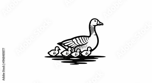 A goose leads a line of its ducklings across a dark surface