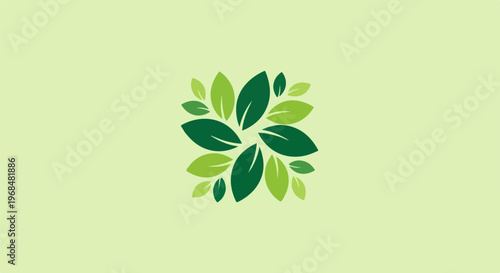 A radial arrangement of green leaves against a light green background