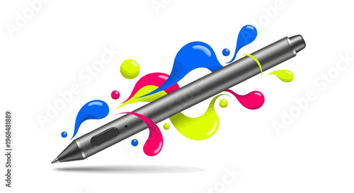 Digital Graphic Tablet Stylus with Floating Vibrant Color Drops Vector
