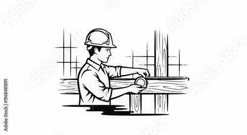A man in a hard hat measures wood planks with a tape measure