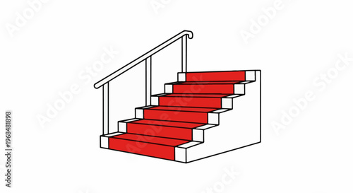 A red carpeted staircase with a handrail ascends upwards