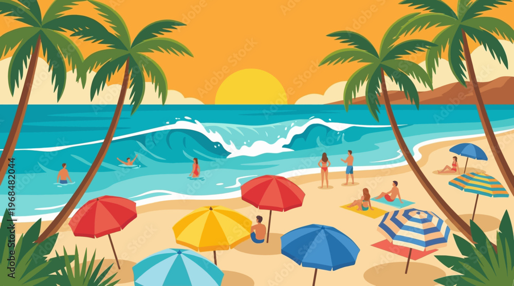Obraz premium Beach Scene With Palm Trees.