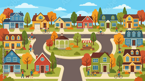 Colorful Suburban Neighborhood Street.