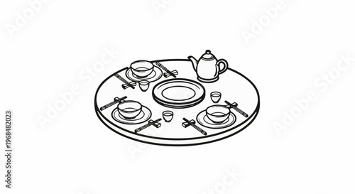 A round table set for an Asian meal with bowls, cups, chopsticks, and teapot
