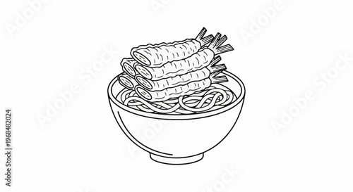 A simple line drawing of a bowl of noodles topped with tempura shrimp