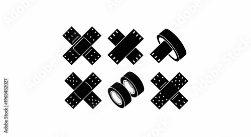 A graphic design featuring six stylized medical adhesive strips and rolls of tape