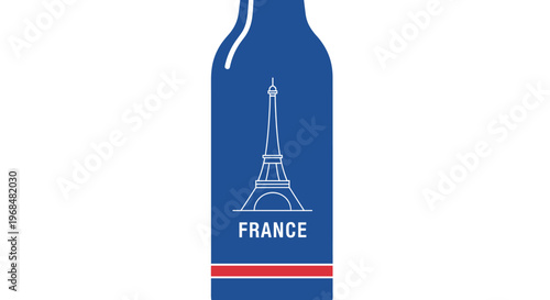A stylized blue bottle with an outline of the Eiffel Tower and the word "FRANCE" printed on it, symbolizing French culture and travel.