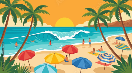 Beach Scene With Palm Trees.