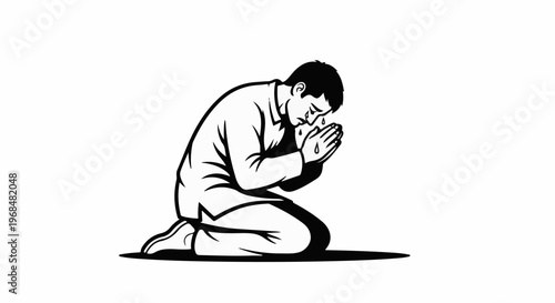 A man kneels, hands clasped in prayer, tears falling