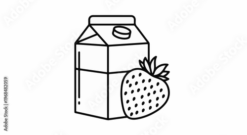 A simple line drawing of a carton of juice and a strawberry