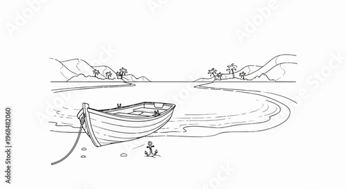 A rowboat rests on a sandy shore, with an anchor nearby