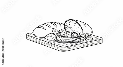 A rustic still life of bread, sliced cured meat, and basil on a wooden board