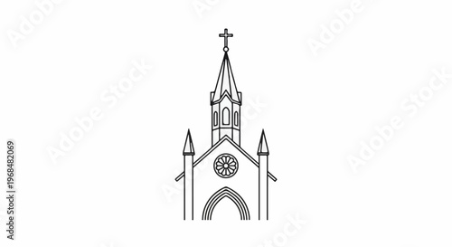 A simple line drawing of a church facade with a tall spire