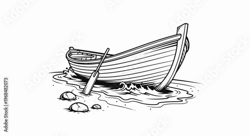 A rowboat with an oar rests on a sandy shore with gentle waves