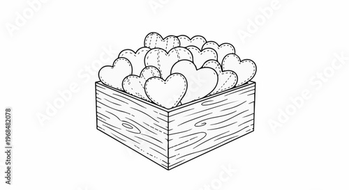 A rustic wooden box overflowing with numerous stitched heart shapes