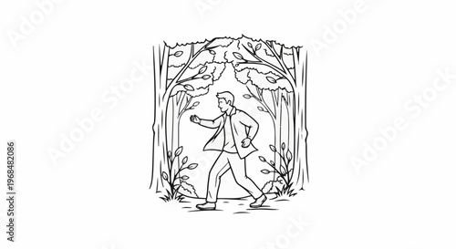 A man walks through a forest clearing among trees and foliage