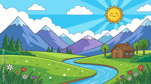 Cartoon landscape with house river.