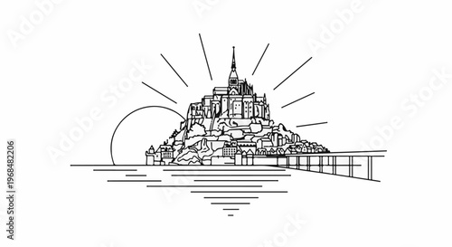 A medieval island abbey bathed in sun, with a bridge and calm waters