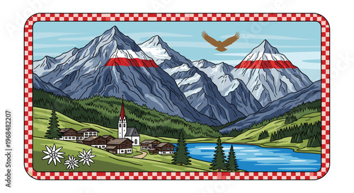 A picturesque alpine village nestled in a valley with snow-capped mountains, a serene lake, and an eagle soaring in the sky.