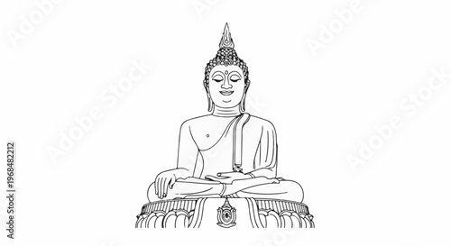 A serene Buddha statue rendered in a detailed, classic sketch style on a white background