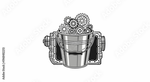 A metallic bucket filled with gears sits in front of a complex mechanical housing