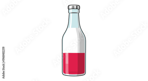 A clear glass bottle with a silver cap, partially filled with vibrant red liquid against a plain white background.