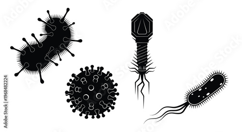 Black silhouettes of viruses and bacteria illustrate microscopic lifeforms silhouette