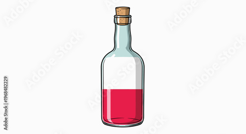 A clear glass bottle with a cork stopper, partially filled with vibrant red liquid, set against a plain white background.