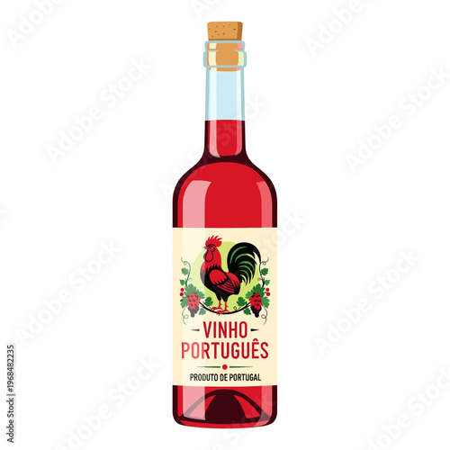 A bottle of Portuguese red wine with a traditional rooster illustration on the label, featuring a cork stopper and a vibrant red liquid, isolated on a white background.