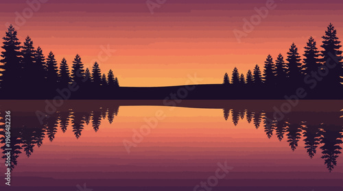 Sunset over calm lake water.