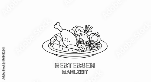 A simple line drawing of a meal on a plate with vegetables, chicken, and sausage