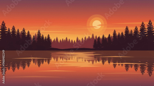 Sunset over calm lake water.