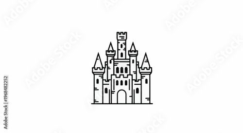 A simple line drawing of a medieval castle with towers and battlements
