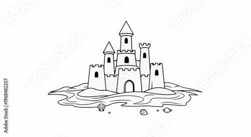 A whimsical sandcastle with towers and turrets sits on a beach