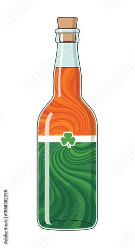 A glass bottle filled with orange and green swirled liquid, featuring a white band with a green shamrock, evoking an Irish theme.