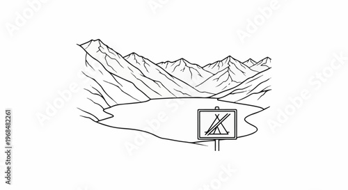 A serene lake rests nestled beneath jagged mountains, with a no-camping sign