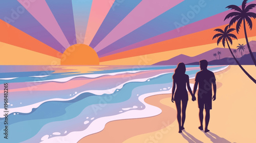 Couple Walking on Beach Sunset.
