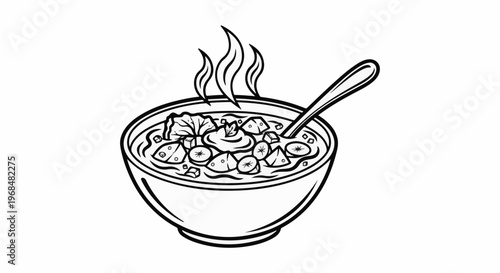 A steaming bowl of hearty stew with vegetables and a spoon