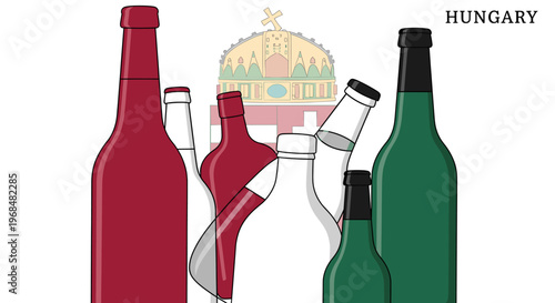 An illustration depicting various wine bottles in red, white, and green, set against the backdrop of the Hungarian coat of arms, symbolizing Hungarian wine culture.
