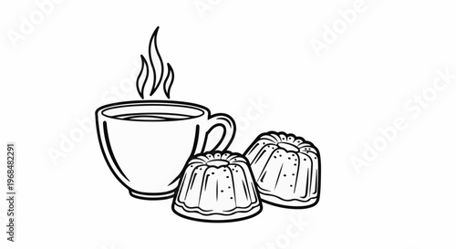A steaming cup of coffee next to two bundt cakes with sprinkles