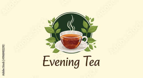 A steaming cup of amber tea sits on a saucer, framed by green leaves